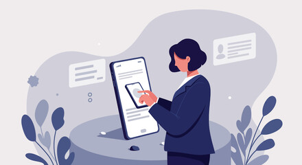 a woman in a business suit using a smartphone, with two chat bubbles on the screen and plants to the sides. Suitable for landing page, banner, marketing, web design, presentation, infographic, etc.