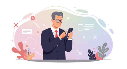 a man in a suit and glasses using a smartphone, surrounded by colorful graphics and plants. Suitable for landing page, banner, marketing, web design, presentation, infographic, etc.