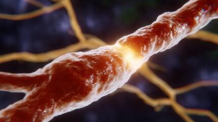 Close-up of a glowing neuron synapse, highlighting neural connection and impulse transmission in a vibrant, abstract style.