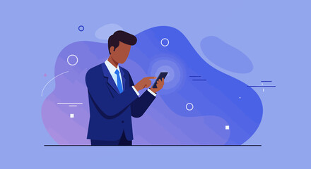 a man in a suit standing and using a smartphone against a blue background with abstract shapes. Suitable for landing page, banner, marketing, web design, presentation, infographic, etc.