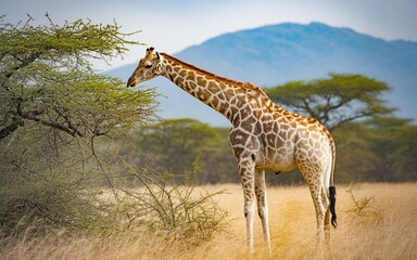Fototapeta premium Giraffe Grazing in African Savanna Landscape