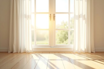 Fototapeta premium Bright sunlight shining through window with white curtains and wood floor in a modern home interior design 