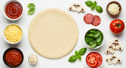 Visão aérea da massa de pizza cercada por ingredientes em uma superfície branca para preparação