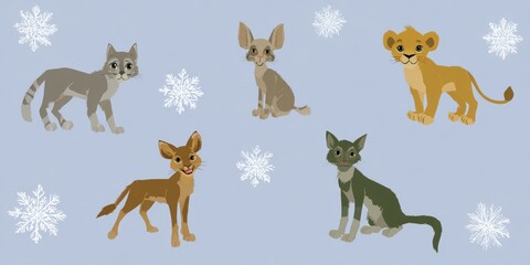 Cute cartoon animals and snowflakes on a blue background, featuring a cat, fennec fox, lion cub, and other playful creatures.