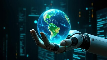 A robotic arm cradles Earth, illuminating technology and artificial intelligence in a global context, showcasing innovation. - Powered by Adobe