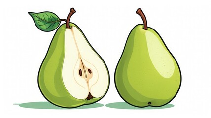 A halved and whole green pear, illustrated with detail, showcasing its interior and exterior.