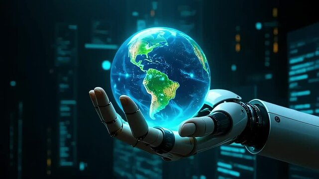 A robotic arm cradles Earth, illuminating technology and artificial intelligence in a global context, showcasing innovation.