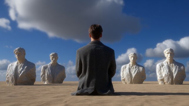 A man in a suit sits on a sandy terrain, facing stone busts under a partly cloudy sky, evoking themes of contemplation and solitude.