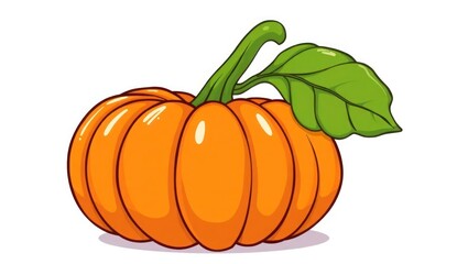 A vibrant orange pumpkin with green stem and leaf, isolated on a white background.
