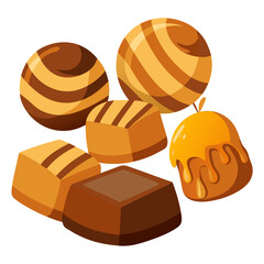 Assorted caramel treats with gloss highlights with white background.