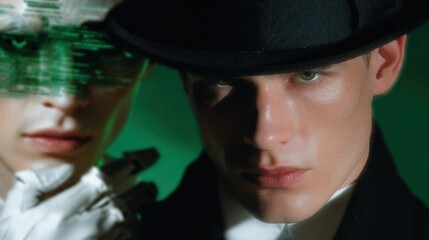 Mysterious man in a black hat with a serious expression, accompanied by a digital overlay of green code, suggesting a cyber or espionage theme.