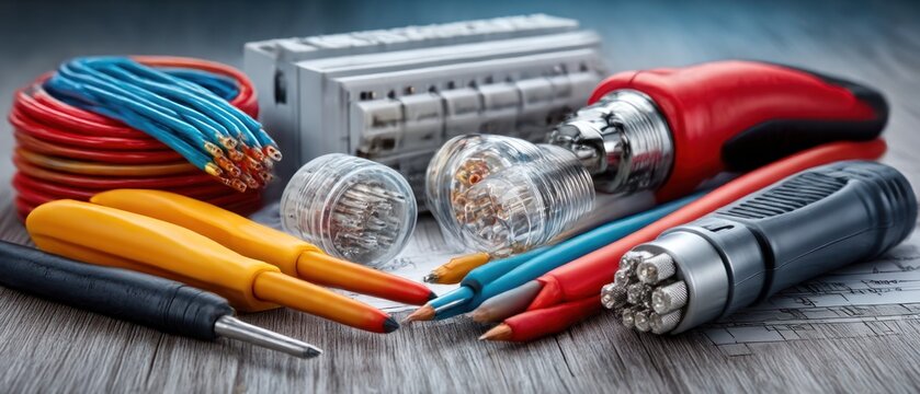 Assorted electrical tools and cables on a wooden surface
