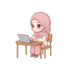 Hijab girl using laptop. Transparent vector