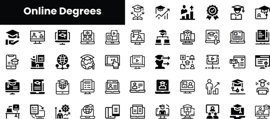 A collection of black icons representing online degrees and education, showcasing various elements like graduation caps, laptops, and certificates.