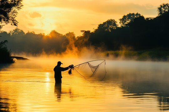 Traditional fishing scene with man casting net into calm river at sunrise