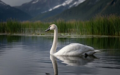 Fototapeta premium Elegant Trumpeter Swan gliding on calm water, reflecting in the lake with mountains backdrop