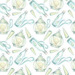 Seamless pattern. Lantern, old metallic lamp, bottle with sea shells, oceanic wave. Watercolor illustration on white. For fabric, textile, wallpaper, clothing beach, summer accessories, wrapping
