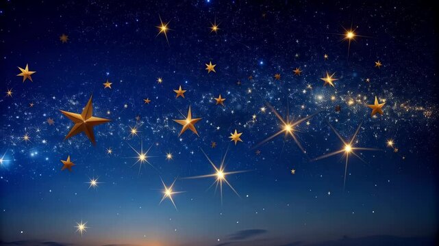 Sparkling gold stars twinkle in the deep blue night sky with visible constellations