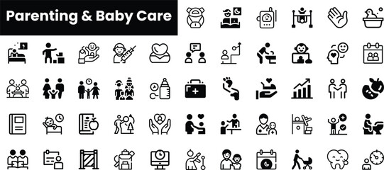 A collection of parenting and baby care icons, featuring diverse activities like healthcare, nurturing, and bonding between parents and children.