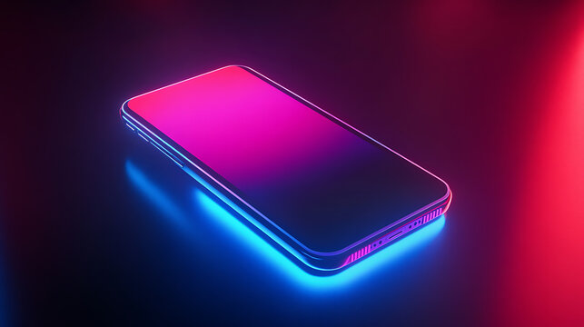 3D smartphone mockup floating in mid-air, bezel-less screen, neon blue and magenta rim-lights, dark gradient background, soft motion blur trails, sleek cyberpunk aesthetic.