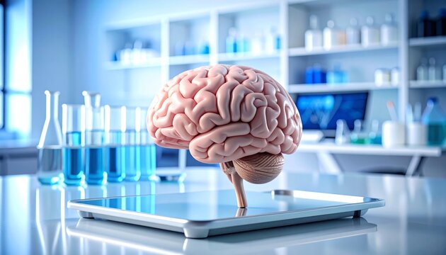 Cerebro anat&oacute;mico en 3D flotando sobre fondo azul en entorno cl&iacute;nico tecnol&oacute;gico con pantallas y luces desenfocadas que representan ciencia m&eacute;dica y neurolog&iacute;a avanzada