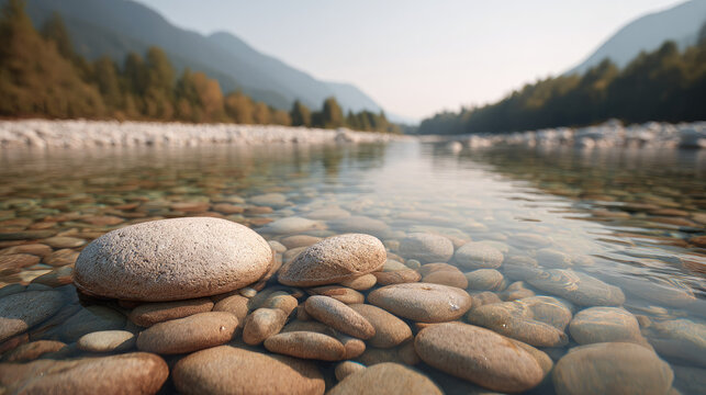 Smooth river stones under clear water with mountain background - Powered by Adobe