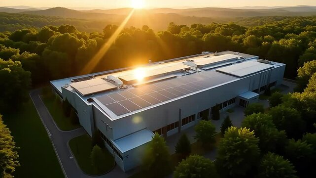 Aerial perspective reveals a solar panel installation atop a modern commercial building near a dense forest