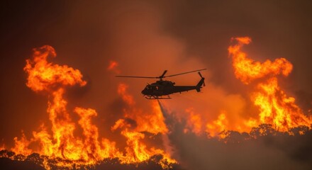 A dark firefighting helicopter actively douses a raging forest fire, its water drops a stark effort against the overwhelming flames and smoke, illustrating the tough task of wildfire containment.