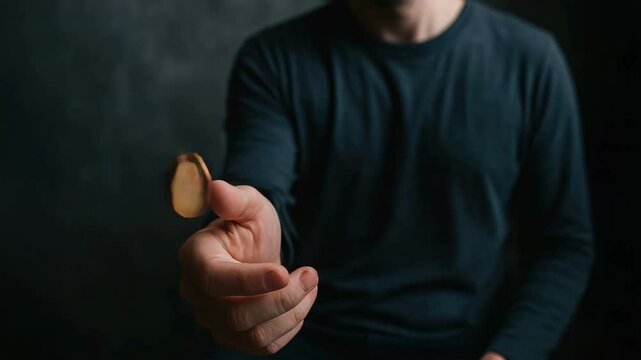 Great coin flipping gesture by male hand in dark casual setting capturing moment of chance and uncertainty during depression era