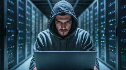 Man hoodie laptop server room technology cybersecurity data center computer network IT digital security focused intense atmosphere blue lighting glowing racks hacker environment - Powered by Adobe