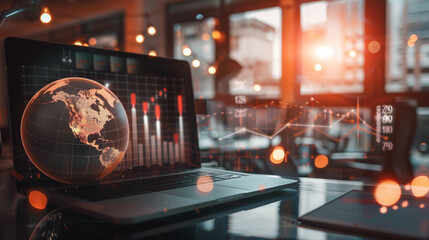 Financial analytics dashboard with glowing global data on laptop in modern office