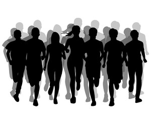 Silhouette of crowd of young people running, morning jogging, isolated icon on white background.	