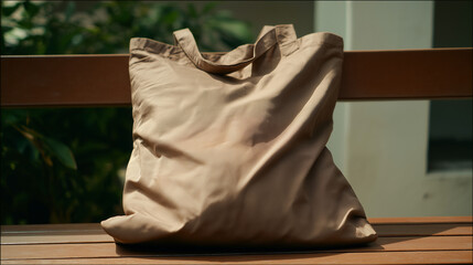 Stylish reusable tote bag on a wooden bench, embodying minimalist and sustainable living.
