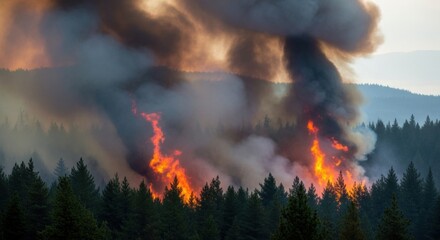 A devastating scene of a large forest fire with massive plumes of black smoke rising into the sky and towering orange flames consuming trees, highlighting an environmental catastrophe.