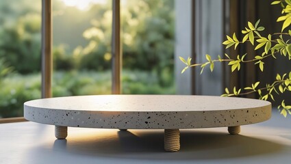 Obraz premium A realistic minimalist terrazzo stone platform on a smooth light gray surface, lit by soft natural sunlight from the left. A blurred green outdoor garden is visible through a large window