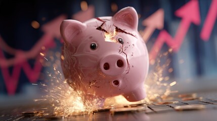 Bursting Savings: A dramatic depiction of a cracked piggy bank, with sparks and shattered fragments illustrating the concept of financial crisis or depleted savings. 