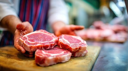 Butcher's Selection: Prime cuts of fresh meat, expertly prepared and presented by a butcher's skilled hands, showcase the quality and craftsmanship of traditional butchery.