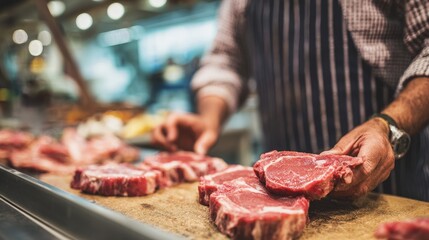 Butcher at Work: A skilled butcher carefully presents freshly cut raw meat, showcasing his craftsmanship and the quality of the product in a close-up view.