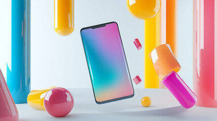 floating smartphone 3D mockup surrounded by colorful geometric shapes and translucent cylinders, clean white backdrop, playful modern art vibe, balanced composition with dynamic depth.