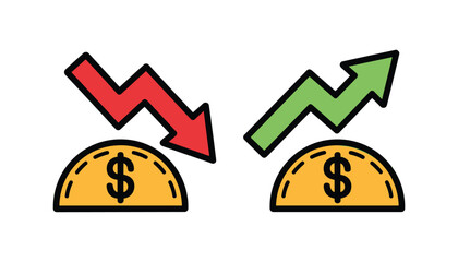 Up and Down Market Trend Icons with Dollar Symbols, Financial Growth and Decline Concept.