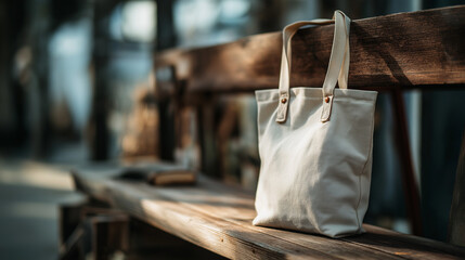 Stylish reusable tote bag on a wooden bench, embodying minimalist and sustainable living.