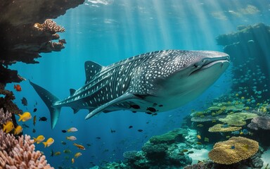 Fototapeta premium Majestic Whale Shark Swimming Through Vibrant Coral Reef Ecosystem Underwater