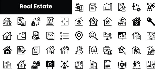 A collection of monochromatic icons representing various aspects of real estate, including homes, contracts, financial elements, and key services, suitable for professional use.