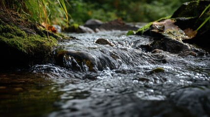 Fototapeta premium Serene stream flowing through mossy rocks nature photography water landscape beauty