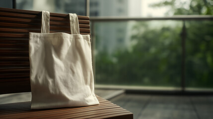 Stylish reusable tote bag on a wooden bench, embodying minimalist and sustainable living.