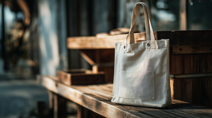 Stylish reusable tote bag on a wooden bench, embodying minimalist and sustainable living.