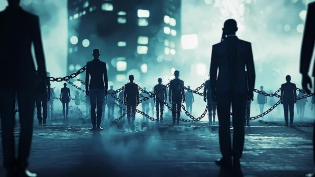 Crowd of dark shadowy figures walking in chains towards glowing futuristic city at night representing concepts of slavery, dystopia, social commentary, and surreal atmosphere