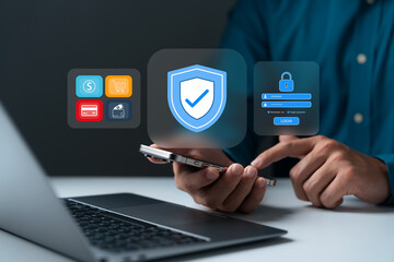 Cybersecurity concept showing businessman using smartphone for online payment, login authentication, secure shopping, data protection, digital privacy, and modern financial technology solution.