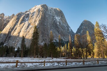 Scenic view of El Capitan and surrounding granite cliffs in Yosemite National Park, California,...