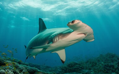 Fototapeta premium Hammerhead Shark Glides Above Coral Reef in Clear Blue Ocean Waters